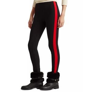 Lauren Ralph Lauren Side-Stripe Ponte Leggings, Black w/ Red Stripe Womens Sz S
